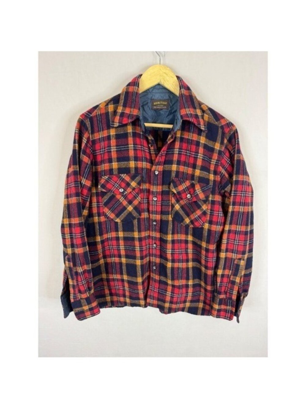 Heritage John Forsyth Mens Plaid Flannel Shirt Red Orange Navy Lined Size M